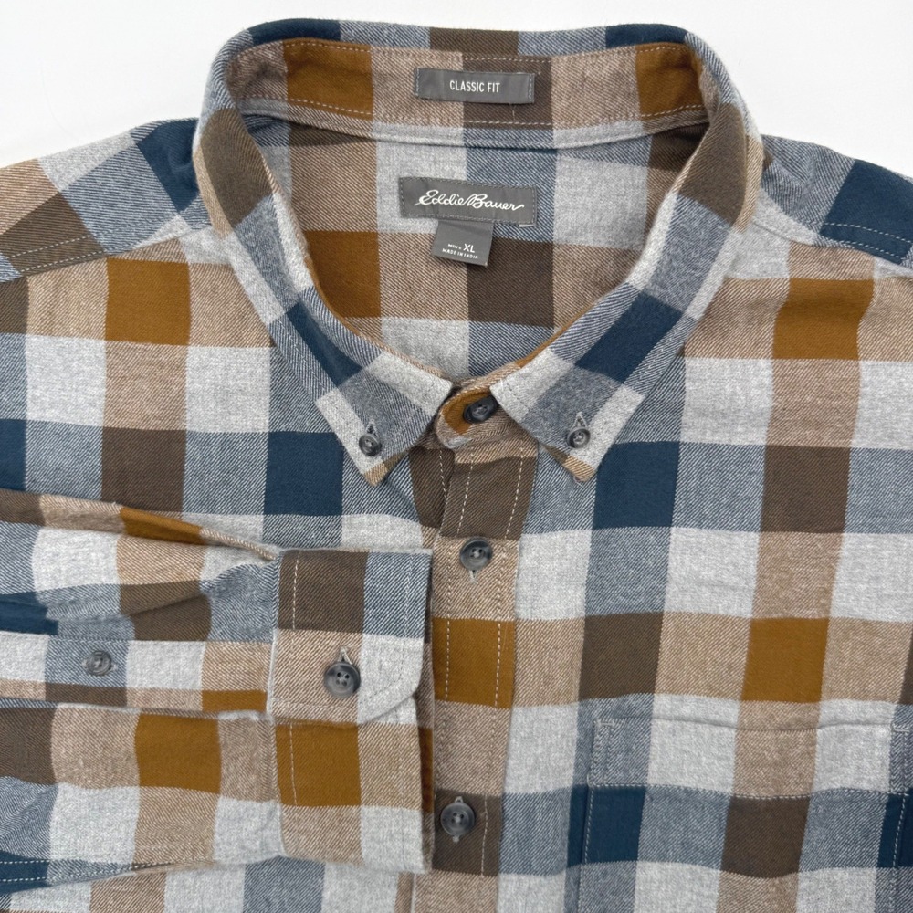 Eddie Bauer Shirt Mens XL Brown Eddie's Flannel Classic Plaid Button Down Cotton